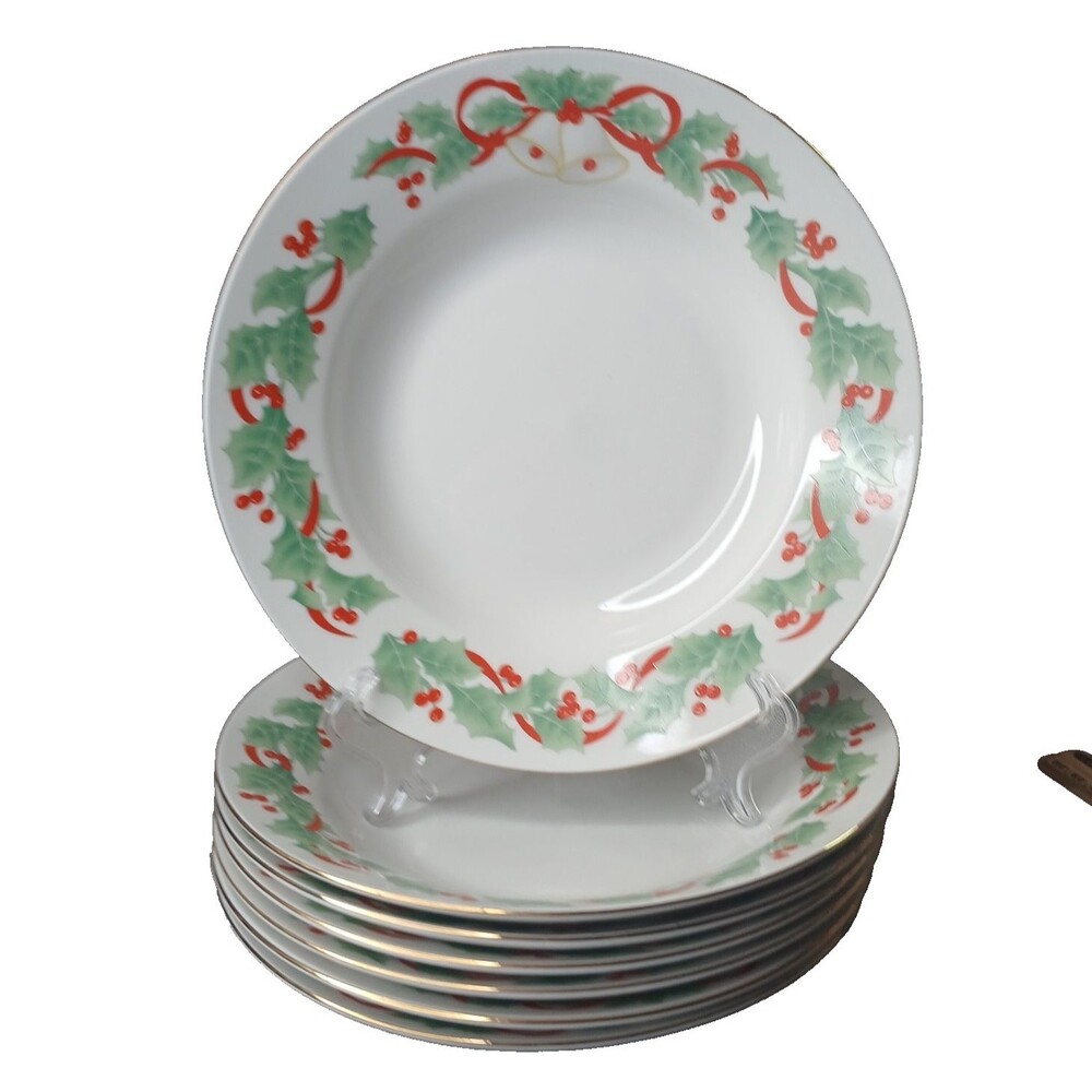Sango NOEL 7 Rimmed 7 3/4" Soup Cereal Bowls Vintage Holly Bells Christmas 1990